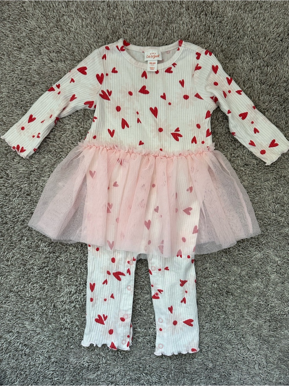 Cat & Jack Cream Romper with Red Heart Print and Pink Tulle Skirt